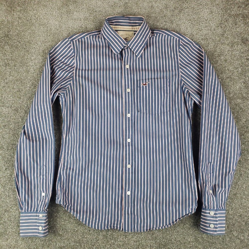 Hollister Shirt Medium M Mens Blue Pink Stripe Long Sleeve Collared Button Up